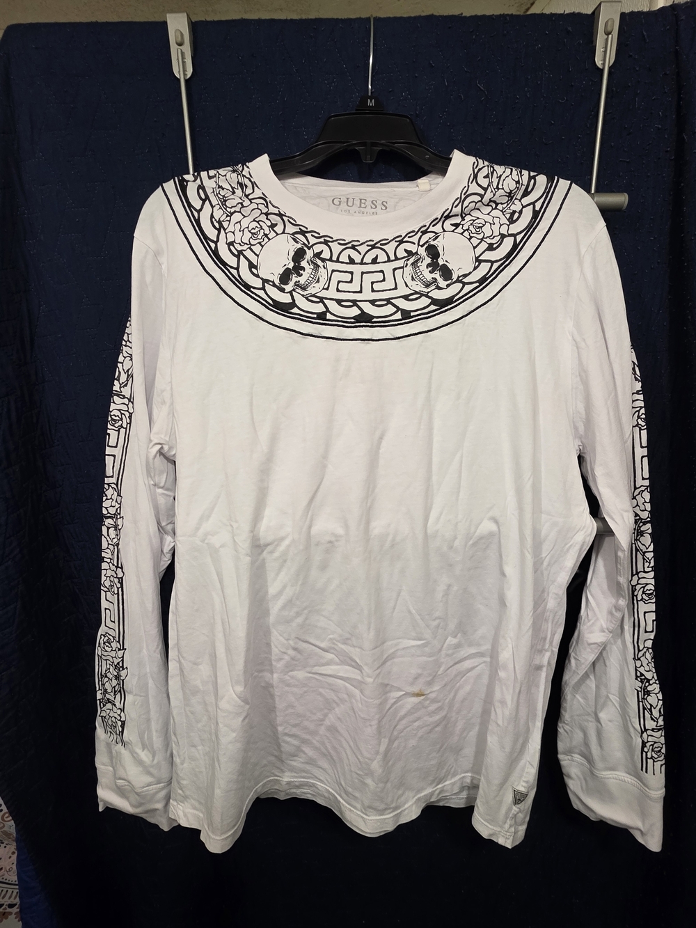 GUESS Women's White Long-Sleeve Graphic Skull Neck Tee